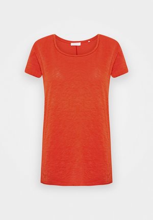 Short-sleeve bright orange crew neck shirt with a subtle textured fabric pattern, displayed on a plain white background.