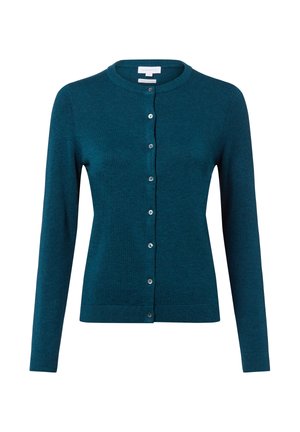 Gilet en tricot turquoise avec un col rond, des manches longues et des fermetures à boutons argentés sur le devant. Texture lisse, design ajusté.