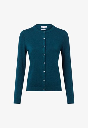 Gilet en tricot turquoise avec un col rond, des manches longues et des fermetures à boutons argentés sur le devant. Texture lisse, design ajusté.