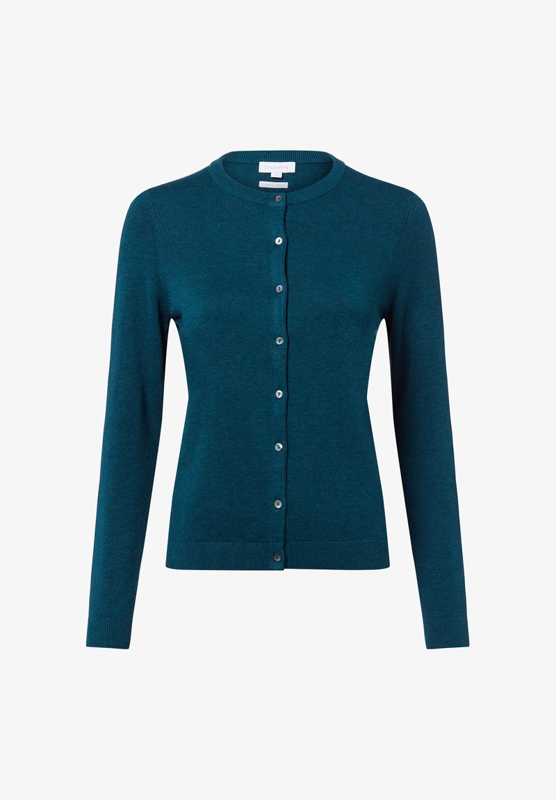 Gilet en tricot turquoise avec un col rond, des manches longues et des fermetures à boutons argentés sur le devant. Texture lisse, design ajusté.