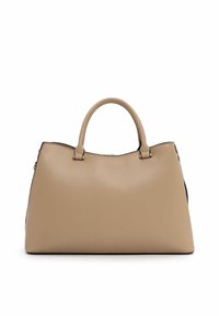 Beige Ledertasche mit zwei Griffen, trapezförmig und glatter Oberfläche, steht aufrecht vor weißem Hintergrund.