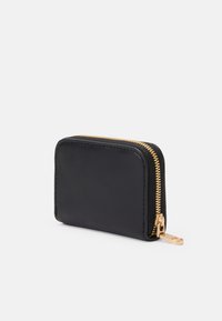 Black leather wallet with a rectangular shape, featuring a gold zipper and a small zipper pull accent. Smooth texture with stitched edges.