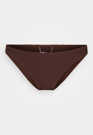 Brown ribbed bikini bottom with a seamless design, featuring a medium-width waistband and elastic edges for comfort and fit.