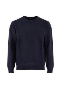 Maglione blu navy in morbido tessuto a maglia, con maniche lunghe, scollo rotondo e un dettaglio logo sulla spalla sinistra.