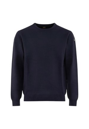 Maglione blu navy in morbido tessuto a maglia, con maniche lunghe, scollo rotondo e un dettaglio logo sulla spalla sinistra.