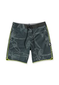 Pantaloncini da surf da uomo in grigio scuro con motivi floreali bianchi. Presentano dettagli in verde neon e una vita con cordoncino per una vestibilità regolabile.
