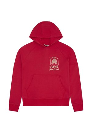 Punainen hupullinen collegepaita, jossa etutasku ja vasemmassa rinnassa valkoinen merkki, tekstillä "Il Club Della Riviera" ja "1969".