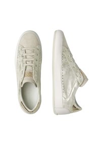 Light gray suede sneakers with a metallic sheen, featuring a smooth white rubber sole, lacing, and perforated design accents.