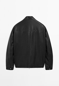 Black leather jacket shown from the back with long sleeves, buttoned cuffs, a collar, and a central seam on a white background.