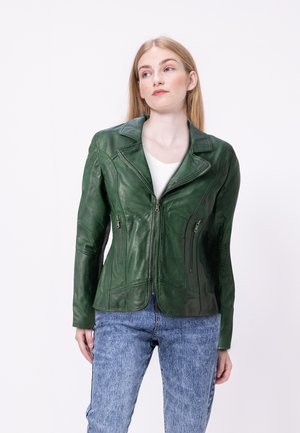 Green leather jacket with a notched collar, zipper front, and two side pockets. Features a fitted design with visible stitching details.