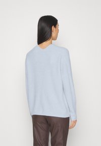 Hellblauer gestrickter Pullover mit V-Ausschnitt und lockerer Passform, mit langen Ärmeln und weicher Textur. Getragen mit braunen Hosen.