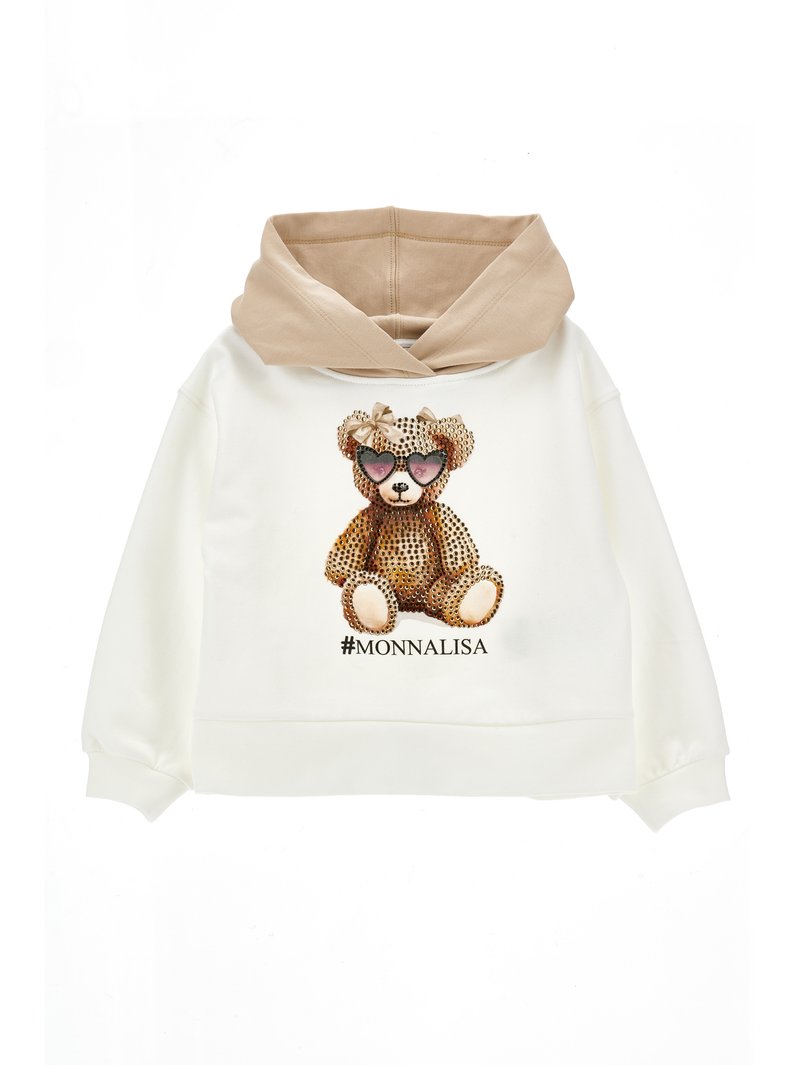 Felpa bianca con cappuccio beige caratterizzata da un design di un orsetto marrone con dettagli in cristallo e l'hashtag "#MONNALISA" in fondo.
