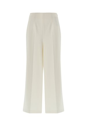 Weite Hosen aus cremefarbenem Stoff mit glatter Textur. Sie verfügen über Falten an der Vorderseite und einen Bund mit verdecktem Verschluss.