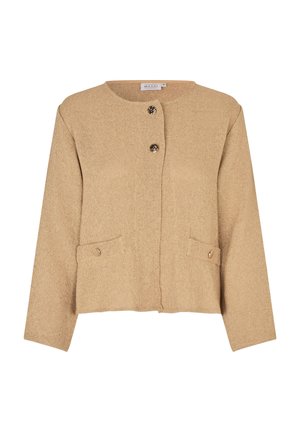 Chaqueta abierta tipo blazer hecha de un material texturizado, con dos bolsillos frontales y cerrada con dos botones redondos dorados.