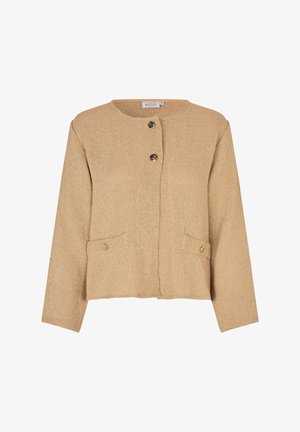 Giacca aperta davanti in materiale testurizzato, con due tasche frontali e chiusa da due bottoni rotondi dorati.