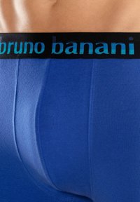 Blue men's underwear featuring a black waistband with the brand name "bruno banani" in turquoise. Smooth texture, fitted design, and no patterns.