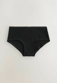 Svarta bomullshipstershorts med platt elastisk midjeband och sömdetaljer. Enkelt mönster, inga synliga mönster eller accenter.