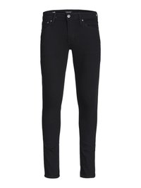 Pantalones vaqueros negros de corte slim, fabricados en denim, que cuentan con un clásico diseño de cinco bolsillos, trabillas para cinturón y un cierre de cremallera con botón.