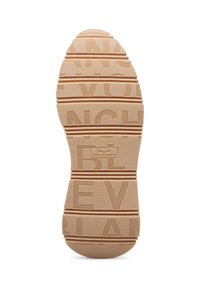 Suola di una scarpa beige con scanalature orizzontali e testo in rilievo "VOILE BLANCHE" impresso più volte lungo la suola.