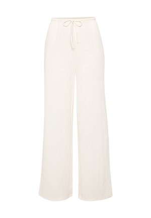 Locker sitzende, hoch taillierte, cremefarbene Texturhose mit Kordelzug in der Taille und weiten geraden Beinen.