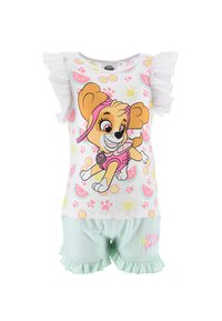 Conjunto de pijama de manga corta que incluye una parte superior blanca con un diseño de perro de dibujos animados, un patrón de sandías y pantalones cortos verdes menta con volantes.