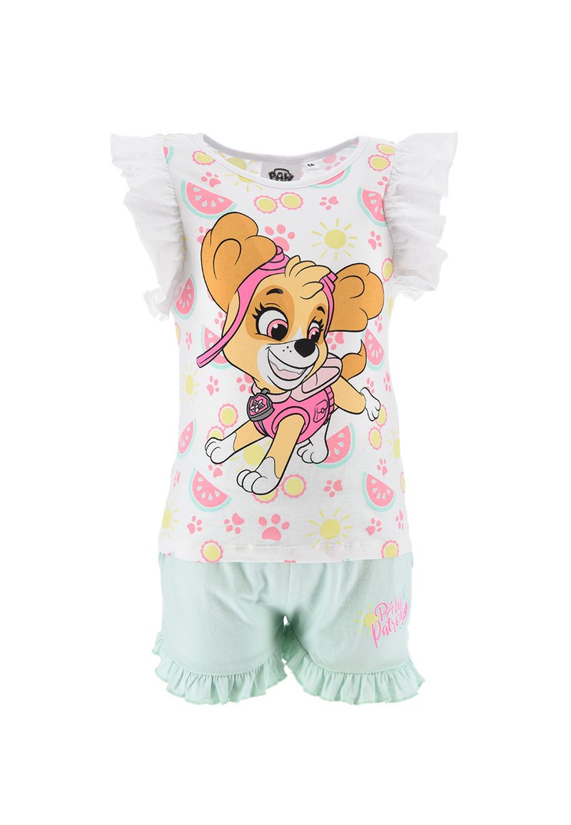 Short-sleeve pajama set featuring a white top with a cartoon dog design, watermelon pattern, and mint green ruffled shorts.