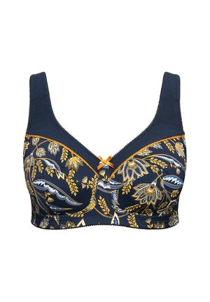 Reggiseno blu navy con motivo floreale giallo e blu, caratterizzato da spalline larghe, una fascia testurizzata e un piccolo fiocco arancione al centro.