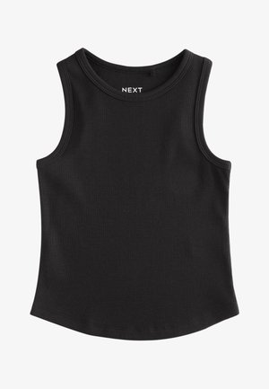 Juoda raištuota be rankovių palaidinė su apvaliu iškirpte, prigludusiu kirpimu ir švelniu išsišakojimu apačioje, ant apykaklės vidinės pusės pažymėta "NEXT".