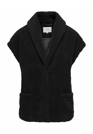 Must must vest, mille kraega, lühikeste varrukatega ja kahe esisegmendiga. Pehme tekstuur, lõdva lõikega ja ilma nähtavate kinnitusteta.