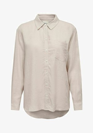 Gai pelēkā pirksta garām piedurknēm krekls, izgatavots no teksturēta auduma, ar pogām uz apkakles, pilniem priekšējiem pogām un vienu krūšu kabatu.