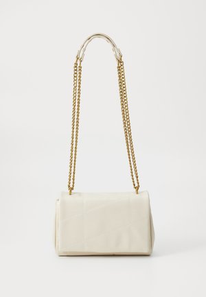 Small white rectangular handbag with quilted pattern and long gold chain strap hanging against plain background.