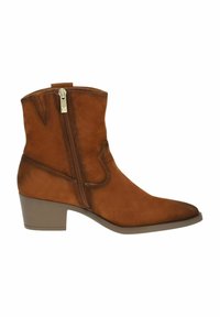 Stivaletti in suede marrone, alla caviglia, con punta affusolata, zip laterale e tacco basso impilato. Presentano un dettagli di cucitura decorativa.