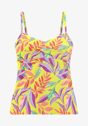 Yellow tank top featuring a vibrant floral pattern in pink, purple, and green, with adjustable straps and a gathered front design.