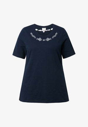 Navy blue cotton T-shirt with short sleeves, round neckline, and white embroidered fish and leaf design across the chest.