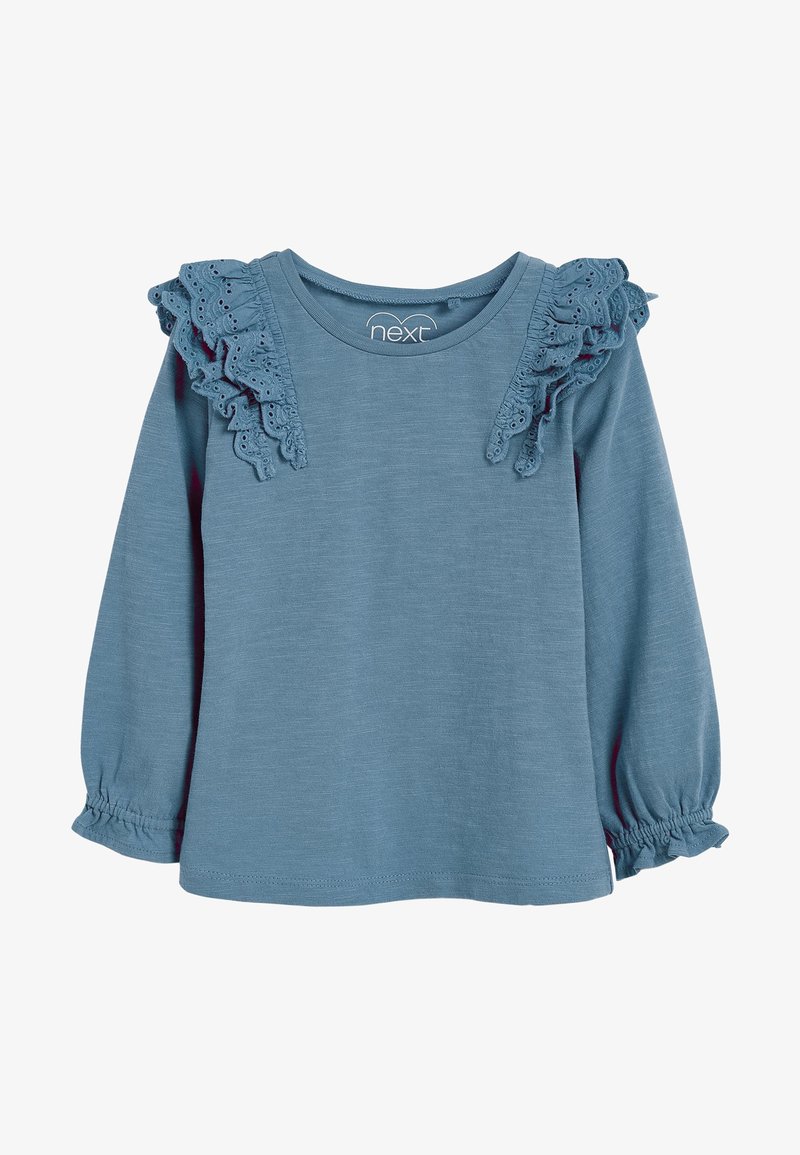 Chemise bleue à manches longues pour tout-petit avec volants en dentelle ajourée aux épaules et poignets élastiques, col rond, en tissu doux.