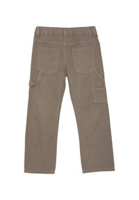 Beige cargo broek met elastische tailleband, twee achterzakken, één zijzak en een horizontaal textuurpatroon. Recht gesneden pijpen.