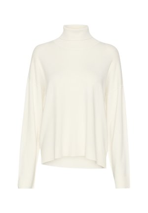 Fehér kötött garbó pulóver hosszú ujjal, laza fazonban, enyhén ejtett vállakkal, és bordázott textúrával a gallérnál és az alján.