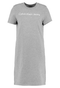 Grå bomulls T-shirt klänning med korta ärmar och rundad halsringning, med en vit "Calvin Klein Jeans" logotyp över bröstet.