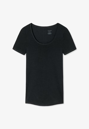 Schwarzes T-Shirt mit kurzen Ärmeln und rundem Halsausschnitt. Hergestellt aus weichem Stoff mit glatter Textur. Verfügt über einen regulären Schnitt und saubere Nähte.