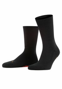 Calcetines negros con diseño acanalado, de longitud media hasta la pantorrilla, textura suave y logo naranja contrastante en la puntera.