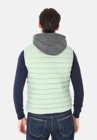 Uomo di spalle che indossa un gilet trapuntato verde chiaro con cappuccio grigio sopra una maglietta a maniche lunghe blu navy e jeans blu.