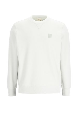 Witte pullover sweatshirt met een gestructureerd patroon, geribbelde manchetten en zoom, ronde halslijn en een klein logo op de borst.