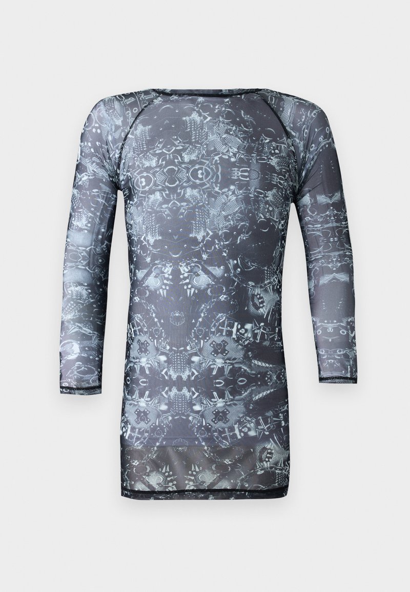 Black and gray long-sleeve dress with a detailed graphic pattern, featuring a fitted silhouette and a rounded neckline. Made from sheer material.