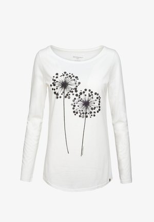 Chemise blanche à manches longues avec un col rond arborant deux motifs de pissenlits noirs centrés sur le devant.