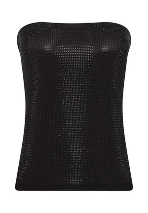 Haut sans bretelles noir en matériau perforé, design ajusté avec une texture lisse et un ourlet légèrement évasé en bas.