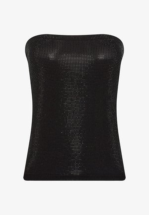 Haut sans bretelles noir en matériau perforé, design ajusté avec une texture lisse et un ourlet légèrement évasé en bas.