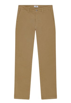 Hellbraune Hose mit geradem Bein, vorderen Taschen, Gürtelschlaufen und einem Knopfverschluss am Bund.