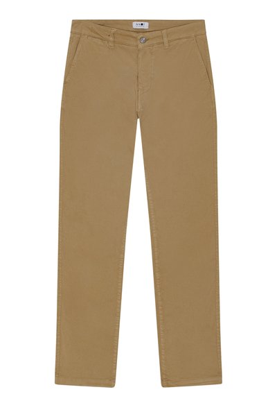 Pantalon marron clair à jambes droites avec poches avant, passants pour ceinture et fermeture par bouton à la taille.