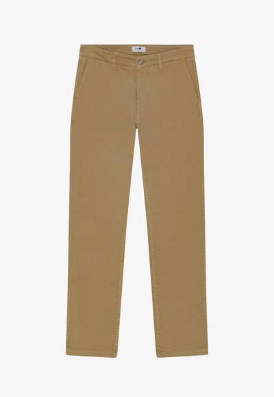 Pantalon marron clair à jambes droites avec poches avant, passants pour ceinture et fermeture par bouton à la taille.