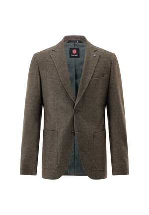 Brauner Wollblazer mit schlanker Passform, einreihigem Knopfverschluss, Reverskragen, zwei vorderen Taschen und gemustertem Innenfutter.